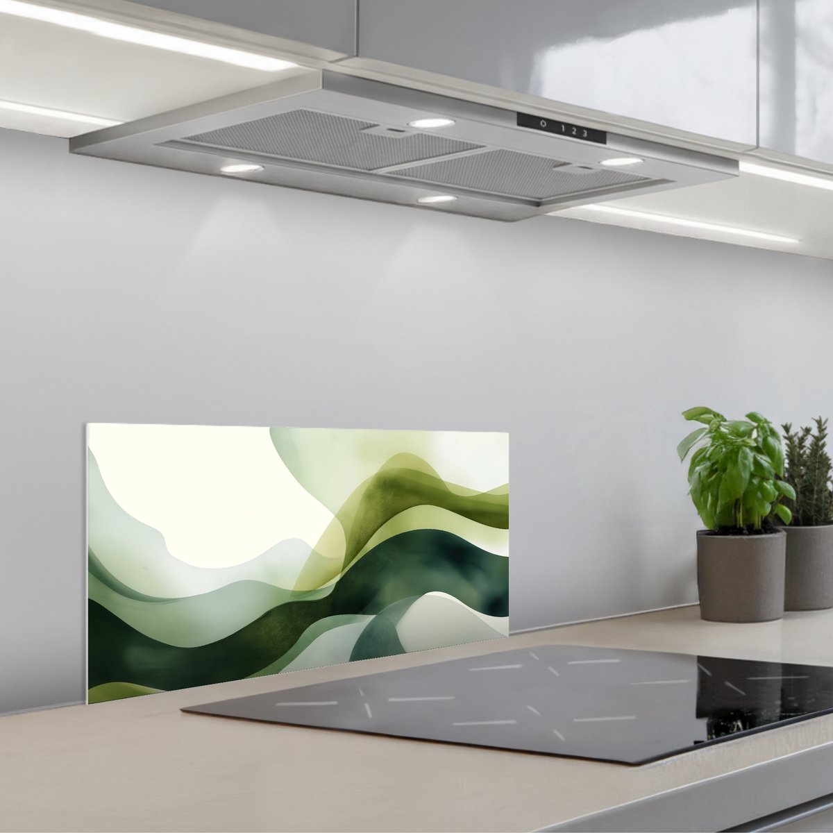Spatscherm 70x30 cm - Zelfklevende achterwand Golven - Abstract - Lichtgroen - Sierlijk - Keuken muurbeschermer - Spatwand fornuis