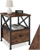 tectake® Bijzettafel met lade en 2 niveaus van hout - Nachtkastje in industrieel design - Voor woonkamer, slaapkamer, kantoor, hal - Zwart metalen frame - Afmeting (LxBxH) 40 x 41,5 x 55,5 cm - Donkerbruin