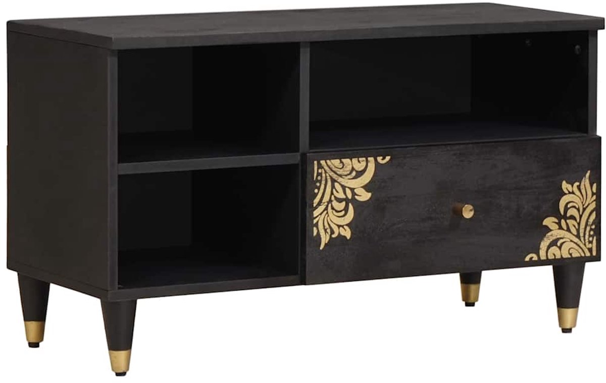 vidaXL - TV - Kast - met - lade - Zwart - 80 - x - 33 - x - 46 - cm - Massief - Mango - Hout