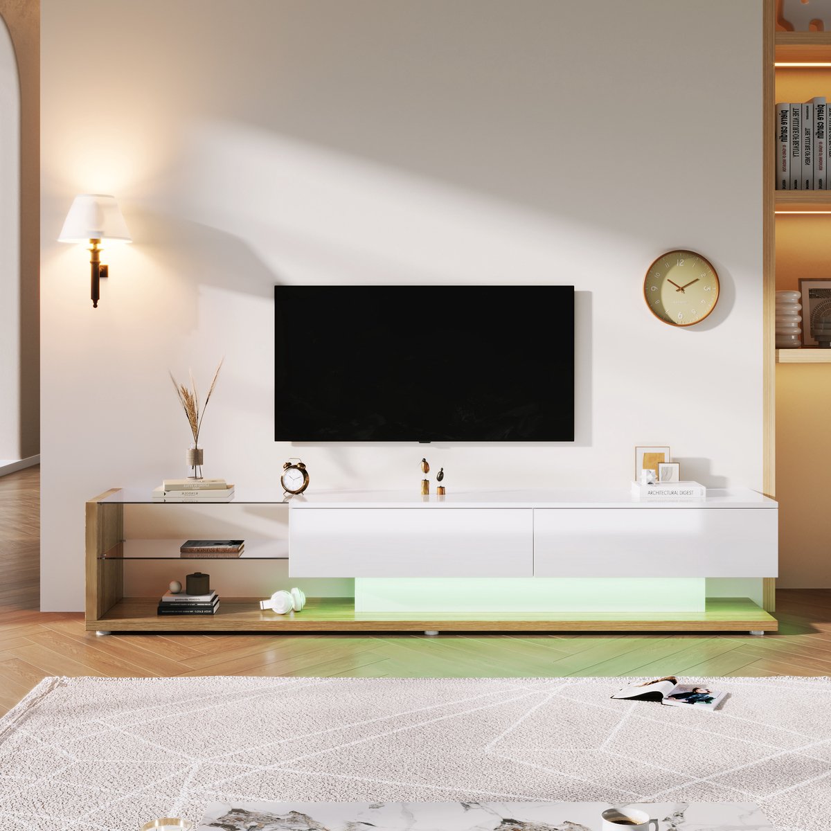 HAUSS SPOLE TV-Meubel - Hoogglans Met Verstelbare LED En Glazen Planken - 2 Lades - Spaanplaat - 170x36x38 Cm - Wit - Voor Woonkamer En Entertainment