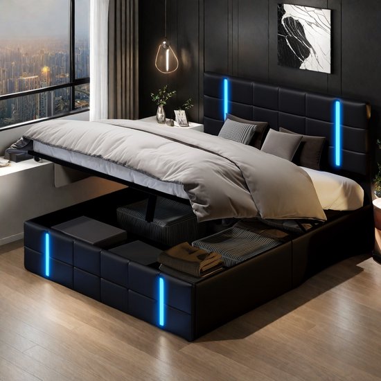 Hydraulisch Opbergbed 140x200 cm – Tweepersoons PU Bed met LED & USB, Gasveer Opbergfunctie, Zwart
