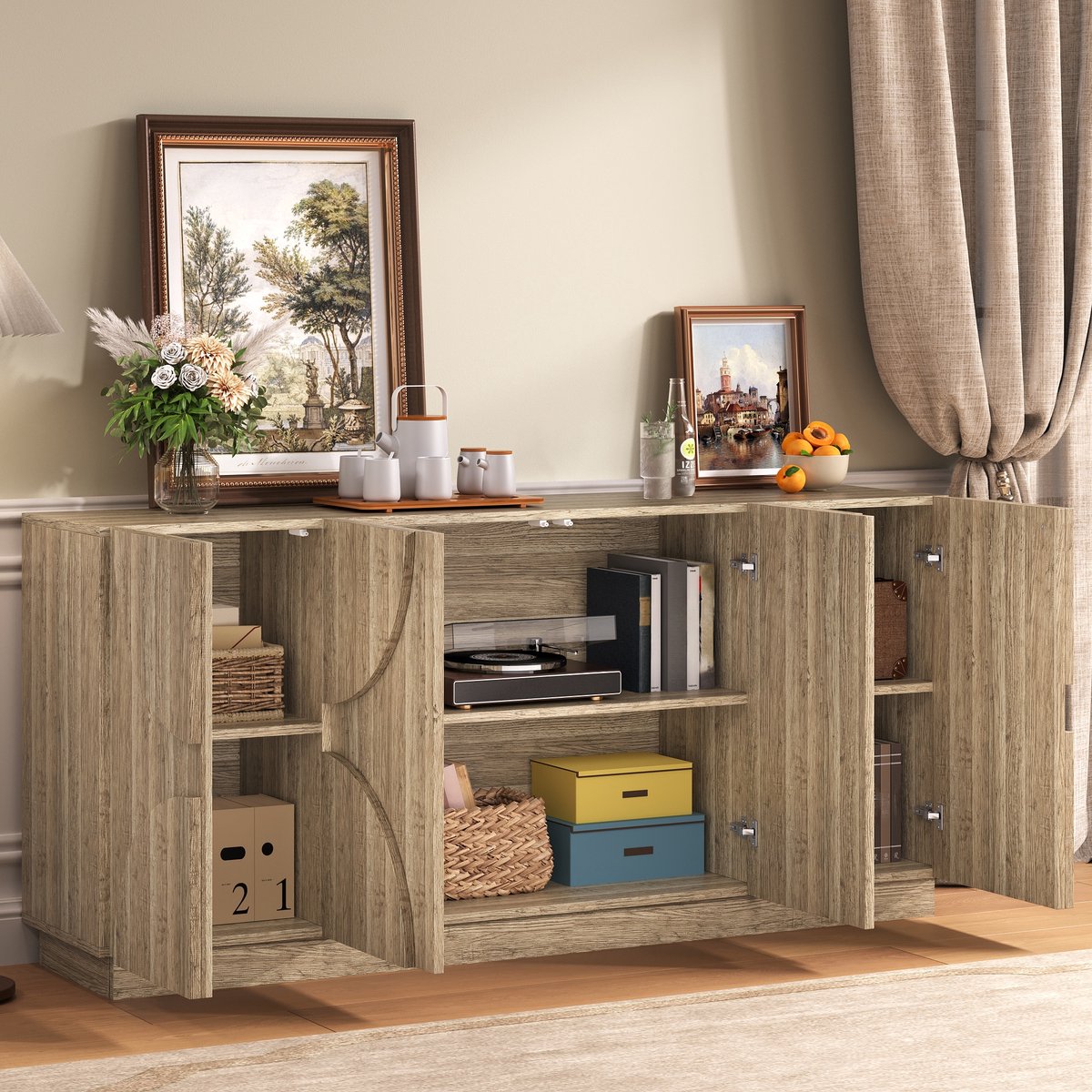 STILVORA Dressoir - Ruim Met Boogdeuren En Geveerde Scharnieren - Flexibele Legplanken Voor Woon En Eetkamer - Spaanplaat - 160x40x80 cm - Lichtbruin