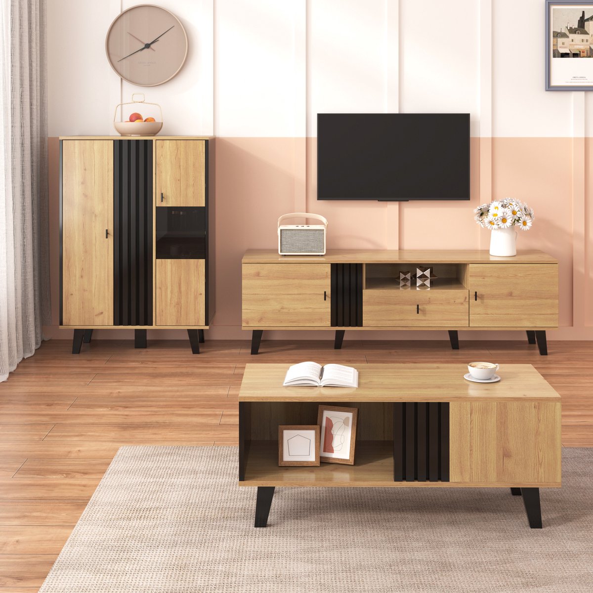 REDOM TV-meubel 170x40x50,5 cm van glas en spaanplaat, LED-verlichting en opbergruimte 3-delige set Zwart