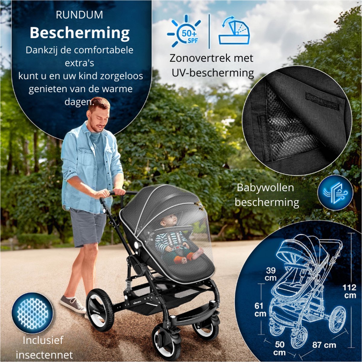 Buggy-Kinderwagen 3 in 1-kinderwagens Complete Set- One -Click Opvouwbare Kinderwagen-Kinderwagen Set voor Baby's Pasgeborenen XXL Set-(Beige / Goud). – foto 7