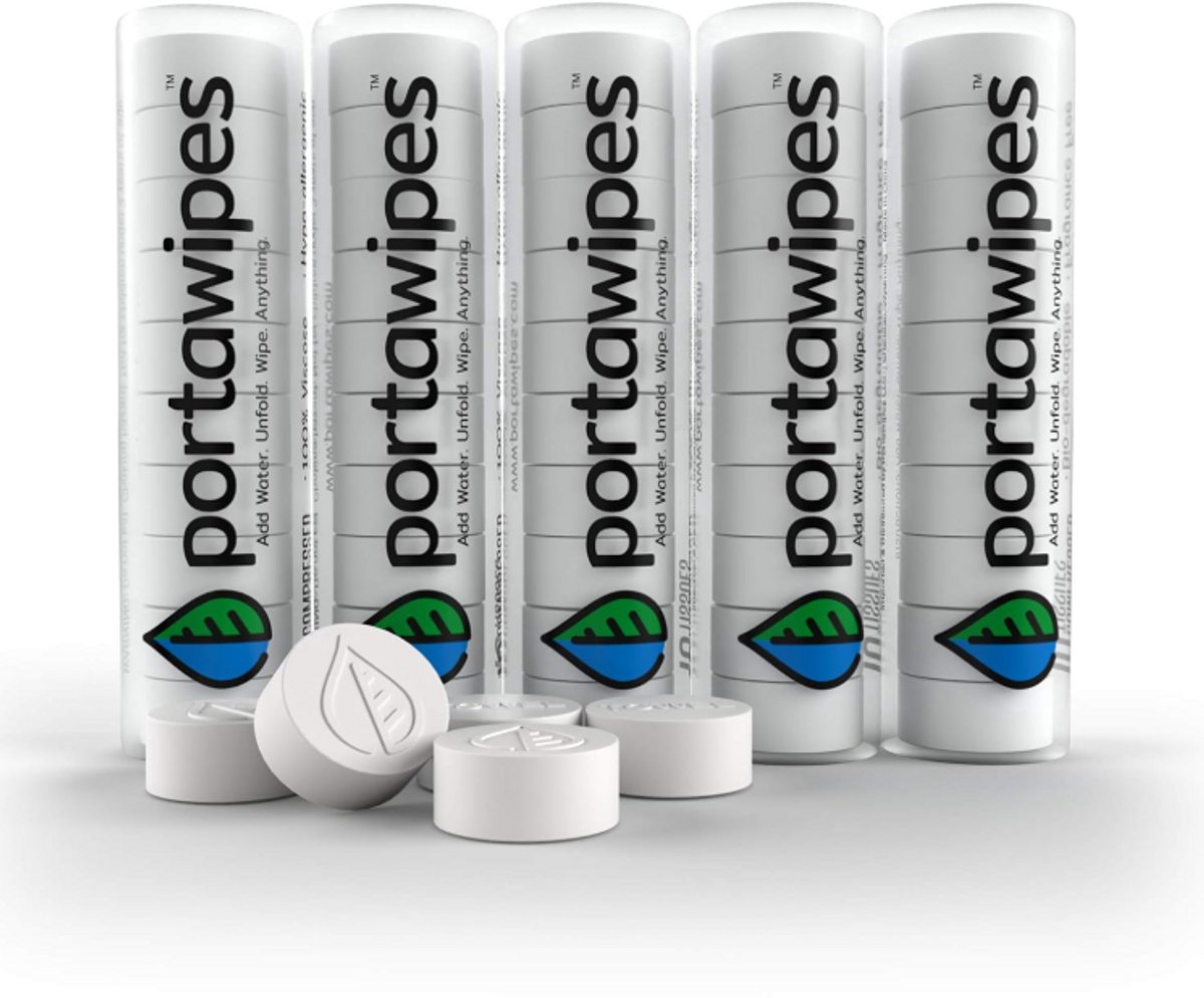 Portawipes Coin Tissues – 50x Gecomprimeerde & Herbruikbare Doekjes met Opbergdoosjes – Uitbreidbare Reishanddoekjes – Zacht & Geurvrij