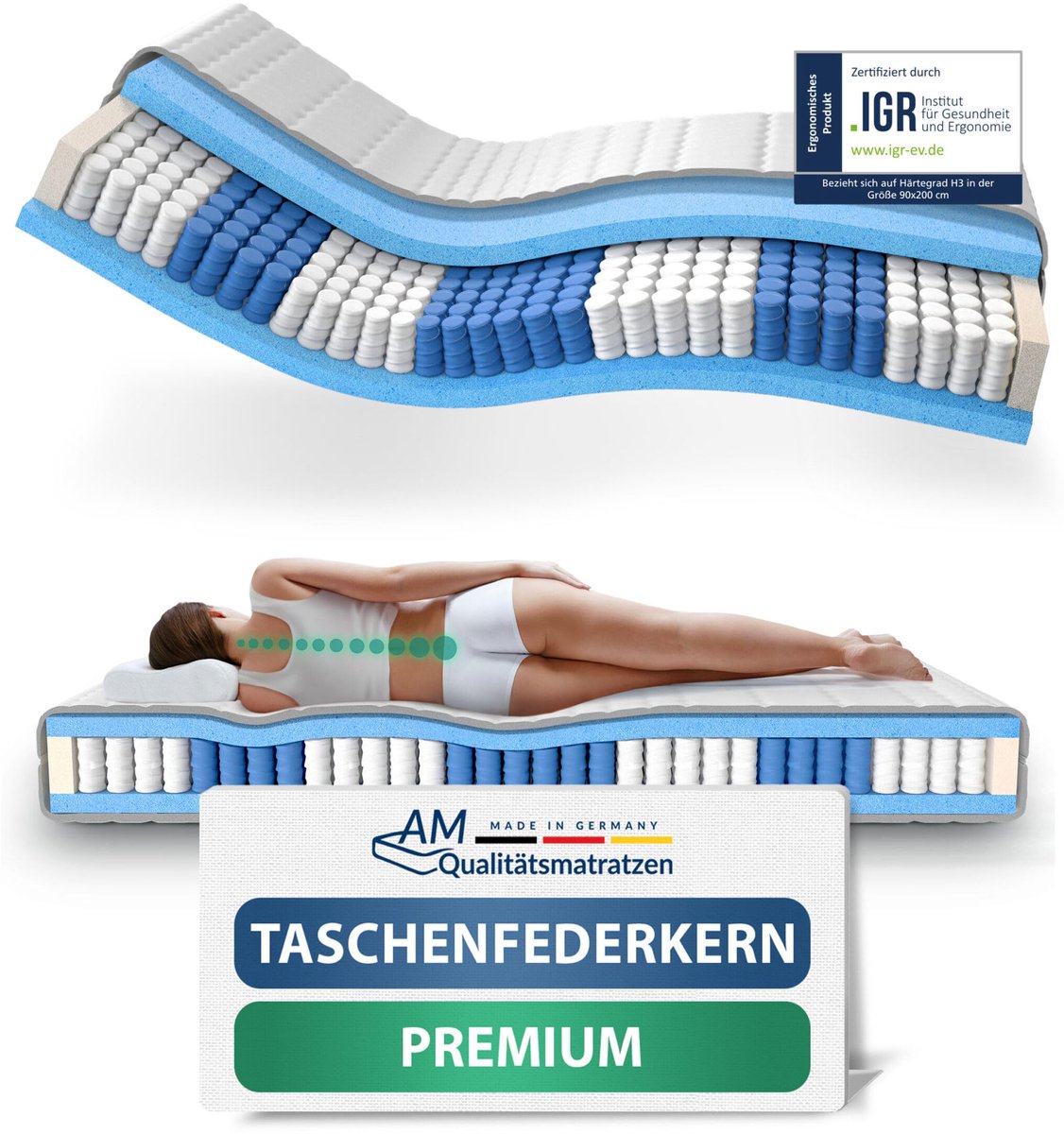 AM Qualitätsmatratzen - Hoogwaardig 7-Zone Pocketveringmatras 160x200 cm (H4) - 24 cm - Stevig - Pocketvering Matras 160 x 200 - TENCEL Lyocell tijk - ergonomisch matras
