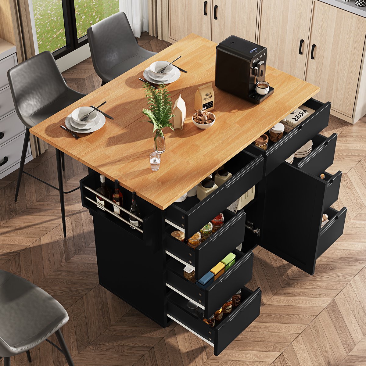 OKWISH Keukeneiland – Mobiele Keukenwagen met Uitklapbaar Blad – 122x74.5x91.5 cm – 8 Laden – Handdoekhouder en Kruidenrek – 5 Wielen met 2 Remmen – MDF Zwart