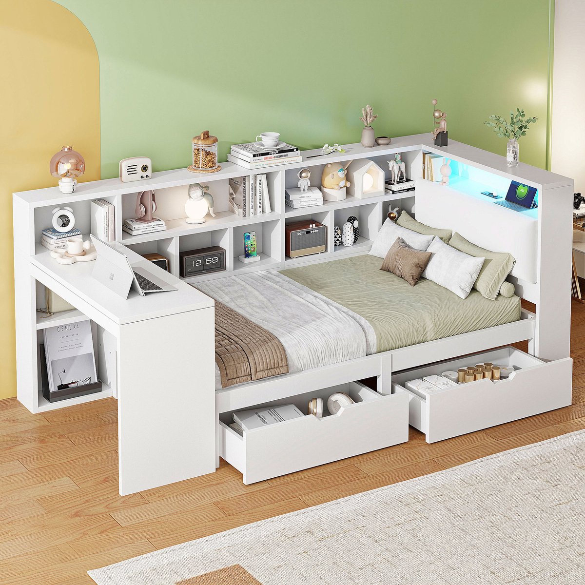 OKWISH Platformbed 90x200cm - Met LED & USB - Ingebouwd Bureau - Met Lades - Voor Student/Studio - MDF/Linnen - Wit - Zonder matras