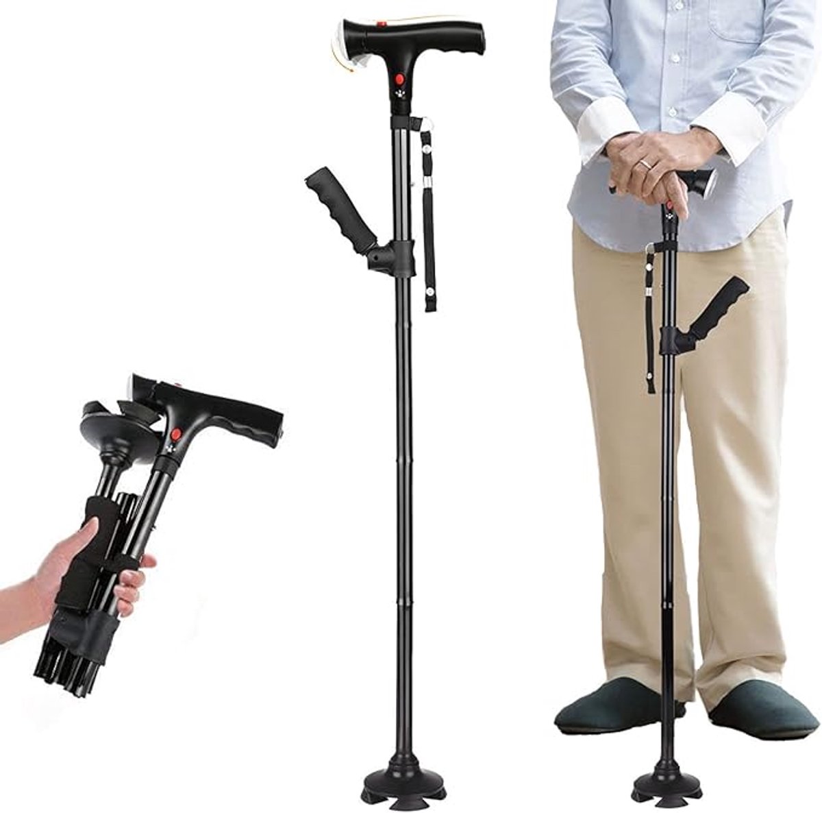 Opvouwbare wandelstok met LED-verlichting, verstelbare handgreep en steun, geschikt voor senioren, voor zowel mannen als vrouwen. Gevoerde wandelstok, handgreep met een draagvermogen van 2 ton en vier draaibare steunen, geschikt voor senioren.