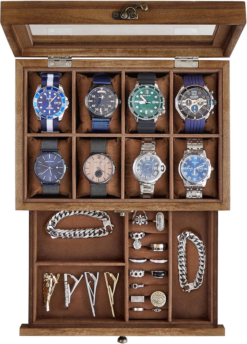 MELVRA Horlogedoos - Horloge Box voor 8 Horloges - Massief Hout - Walnoot - Glazen Deksel - Inclusief Horlogekussens - Sieradenopslag - Horlogeopberger - Luxe Cadeau