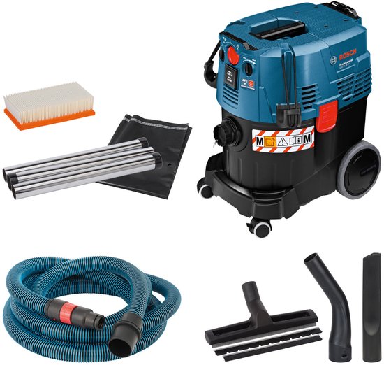 Bosch GAS 35 M AFC stofzuiger met accessoires: filters, slangen en zuigmonden.