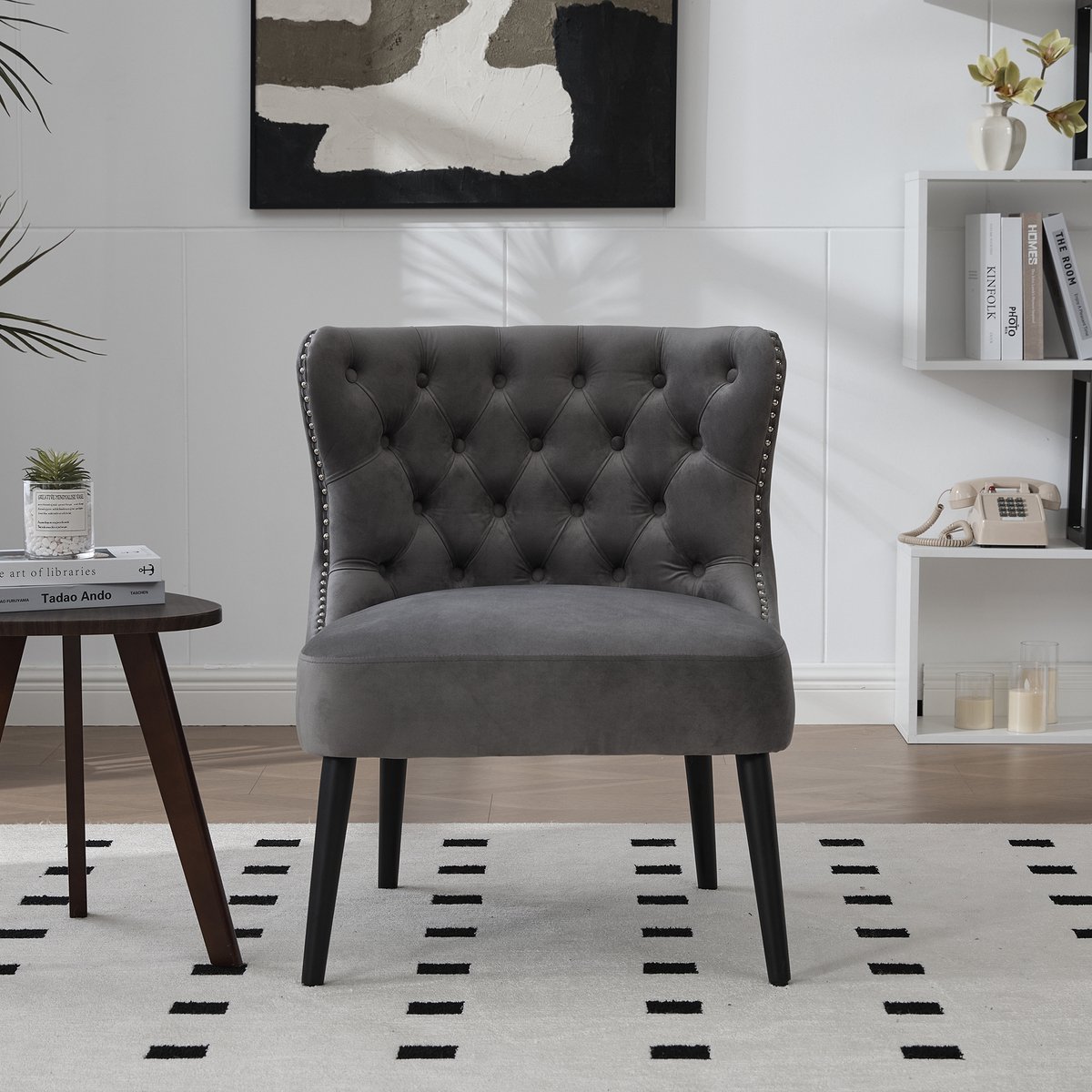 Tech Stoff Knopf trekken punt enkele bank stoel, modern design zonder arm met klinknagels trim en massief houten poten voor woonkamer, slaapkame- Grijs