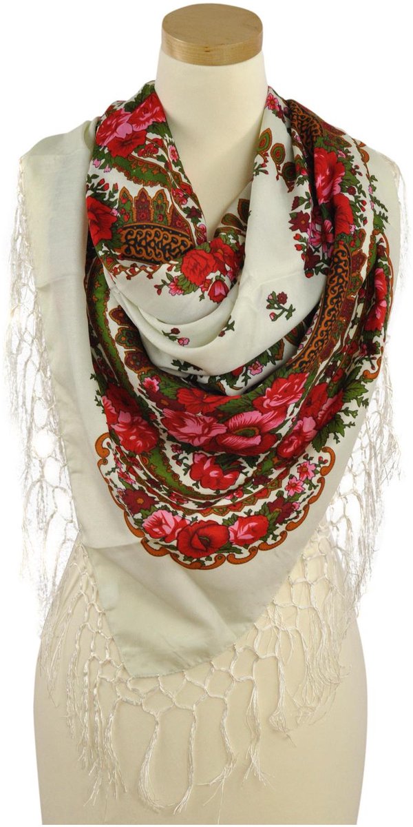 Folk Love Sjaal - Groot, Met Franjes, Bloemendessin, Wit