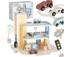Houten Parkeergarage met Lift en Tankstation - Inclusief Auto’s & Helikopter - 16-delig