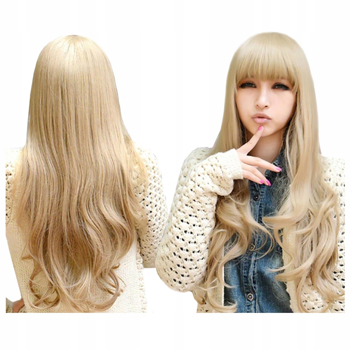 Synthetische pruik met pony, lang blond haar, hittebestendig