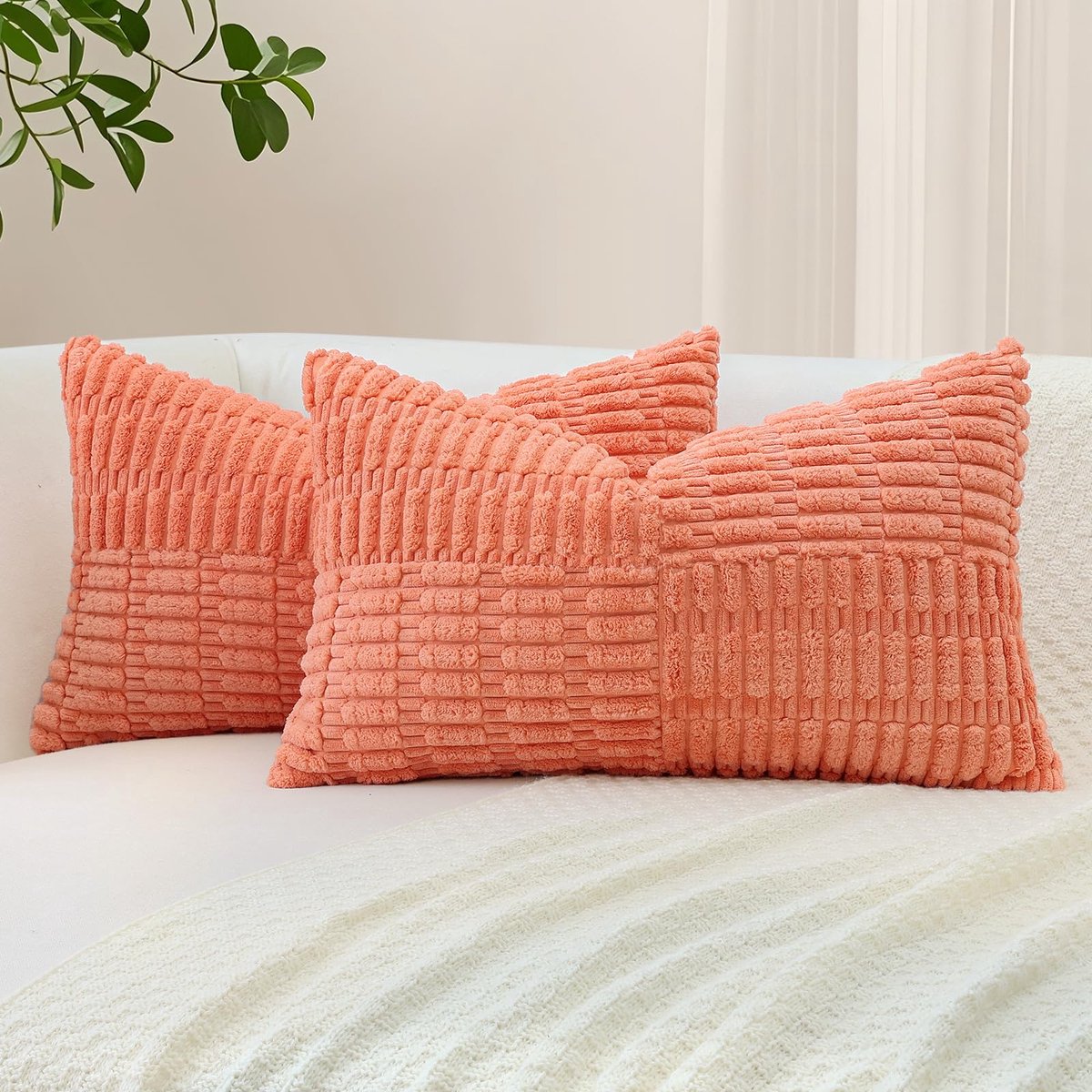 Unyqoos Set van 2 decoratieve corduroy kussenslopen met gestreept patroon voor interieurdecoratie Koraal