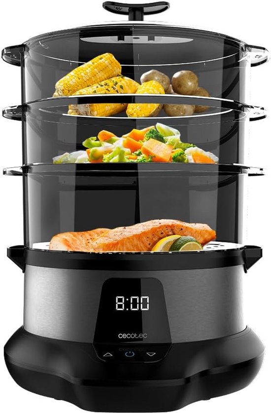 Stoomkoker 1000W – Digitaal – 3 Containers – 1 L Rijstkom – Behoud Voedingsstoffen & Vitaminen – Vaatwasserbestendig