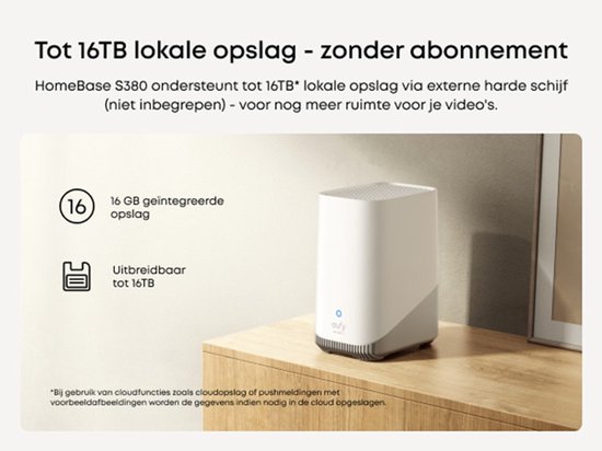 Witte HomeBase S380 met 'Tot 16TB lokale opslag' en '16 GB geïntegreerde opslag' en 'Uitbreidbaar tot 16TB'.