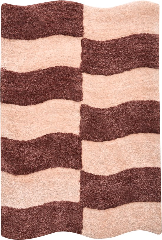 Badmat met golvend bruin en beige ruitpatroon, op witte achtergrond.