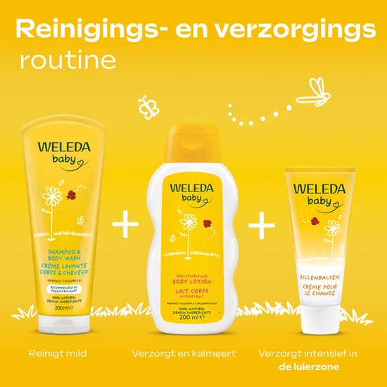 Drie Weleda babyproducten: shampoo, bodylotion en billenbalsem, met tekst.