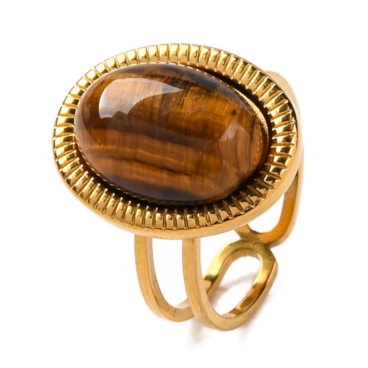 Ring edelsteen met tijgeroog stainless steel bohemian, one size ring, goudkleurig, 100% waterproof, verstelbare ring, cadeau
