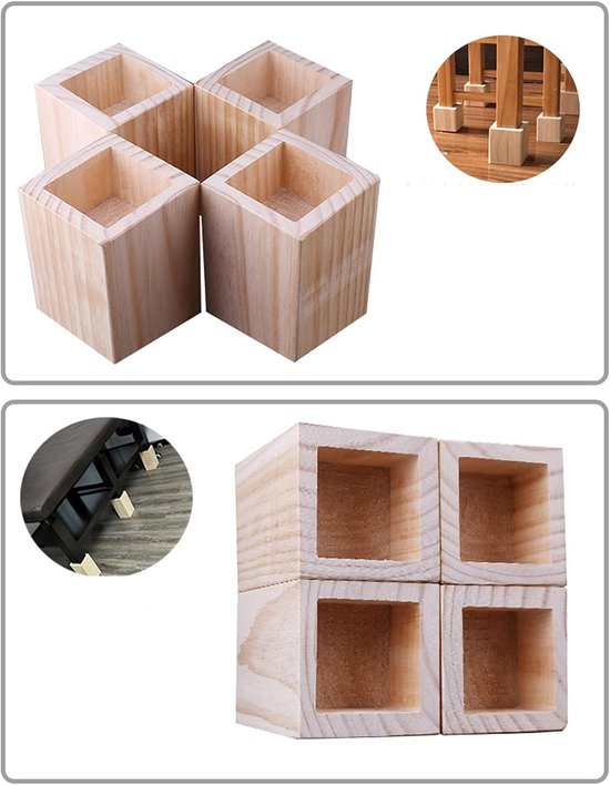 Houten meubelverhoger vierkant - verhoger voor tafel, bed en bank - grenen - 4 stuks - meubelpoten - olifantenpoot - 7 x 7 x 20 cm - houtkleur van Houten — afbeelding 5