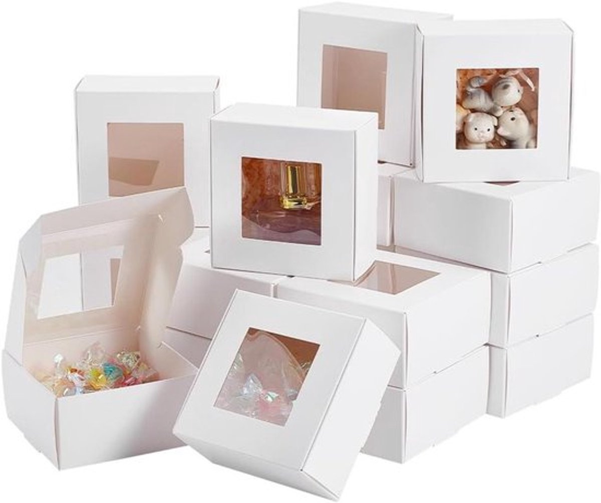 16-delige set Witte Mini-Papieren Dozen met PVC-Venster voor Huwelijkscadeau - 10 x 10 x 5 cm - Geschenkdozen voor Chocolade, Koekjes en Kunsthandwerk