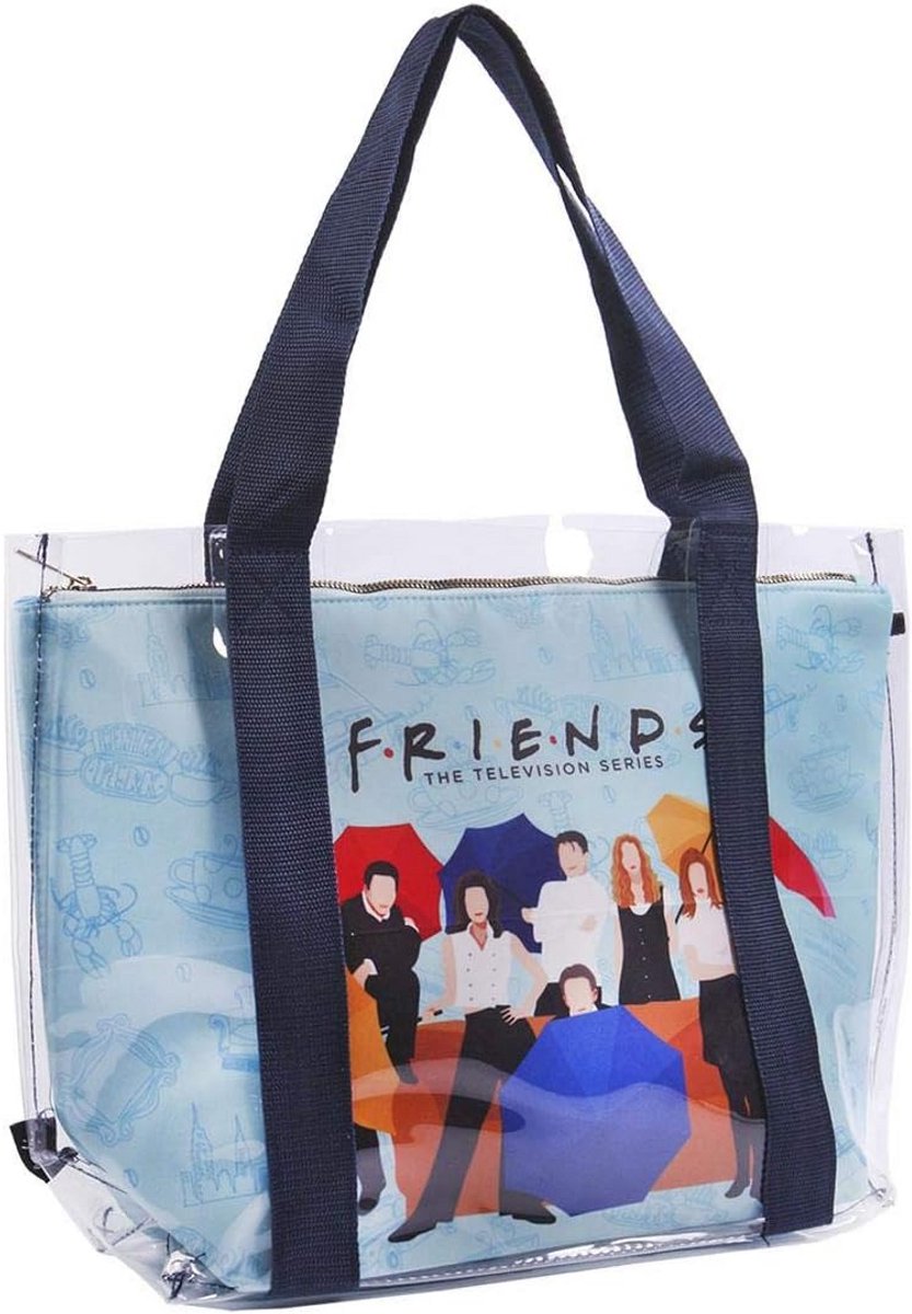 Grote strandtas dames blauw Friends design ruime zwembadtas met binnenvak handgrepen PVC polyester 33x32x13 cm