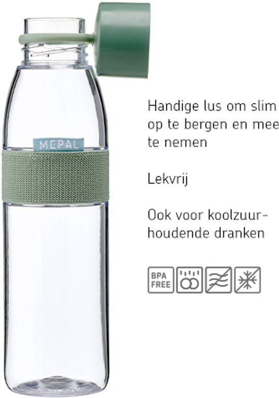 Transparante Mepal waterfles met groene band en lus. Lekvrij en voor koolzuurhoudende dranken.