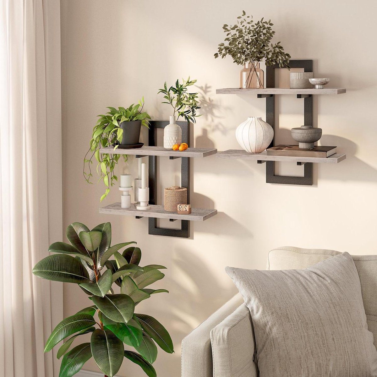 Ronte - Zwevende planken set van 2 - 35 cm - grijs - wandgemonteerde opbergplanken - hangende badkamerplanken - 2-laags - voor woonkamer slaapkamer badkamer keuken - opbergruimte - decoratief