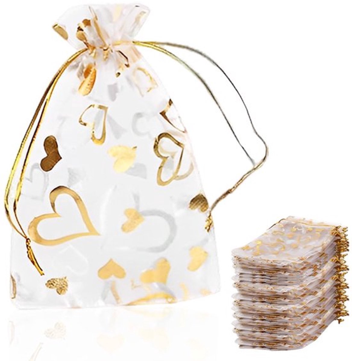 Organza Tassen - Pack van 100 - Gouden Hartpatroon - 7x9 cm - Huwelijk, Kerst, Doop