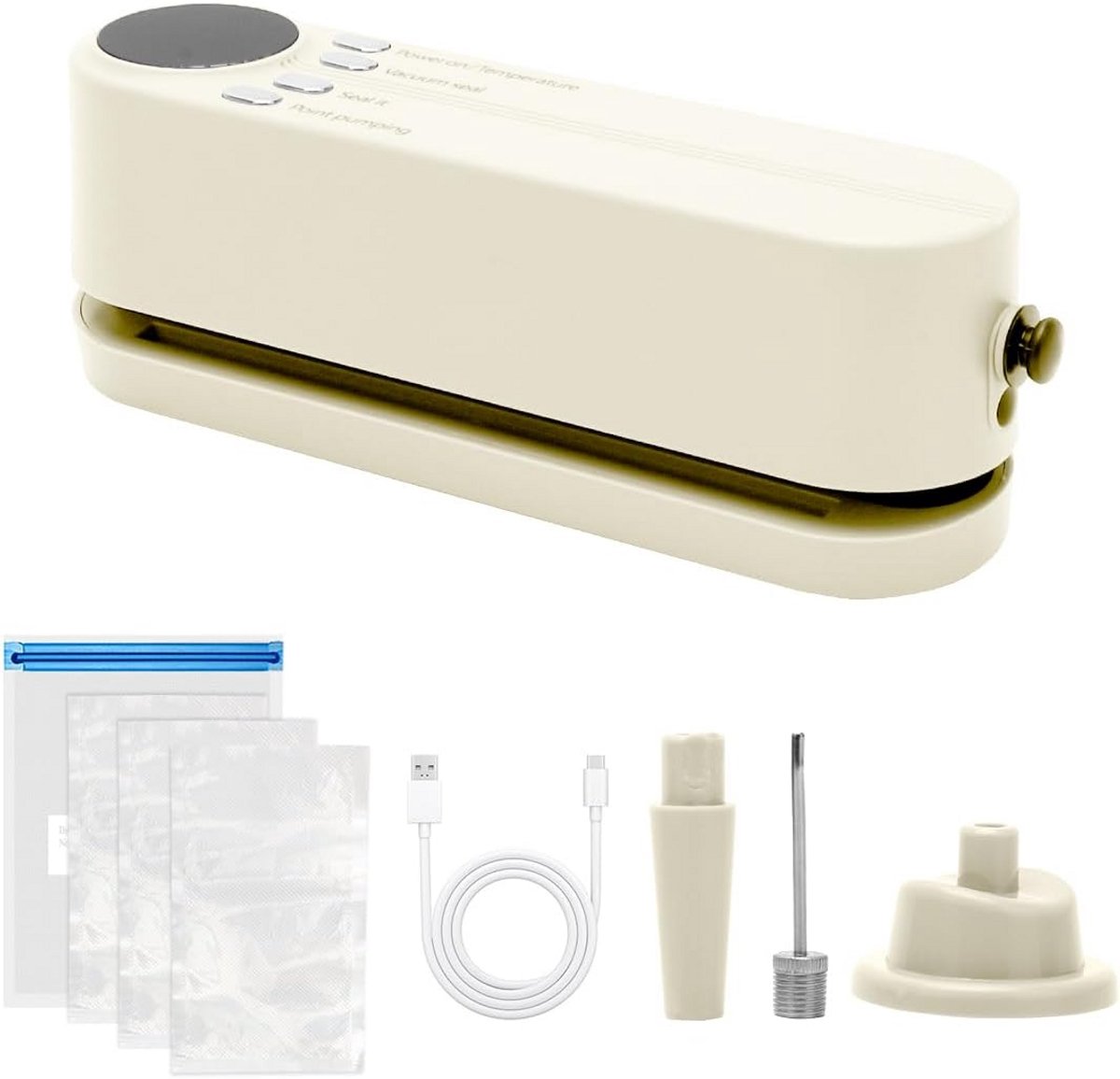 Mini vacuümverpakker 60 KPA - oplaadbaar met 3 temperatuurniveaus - 5 zakken - beige