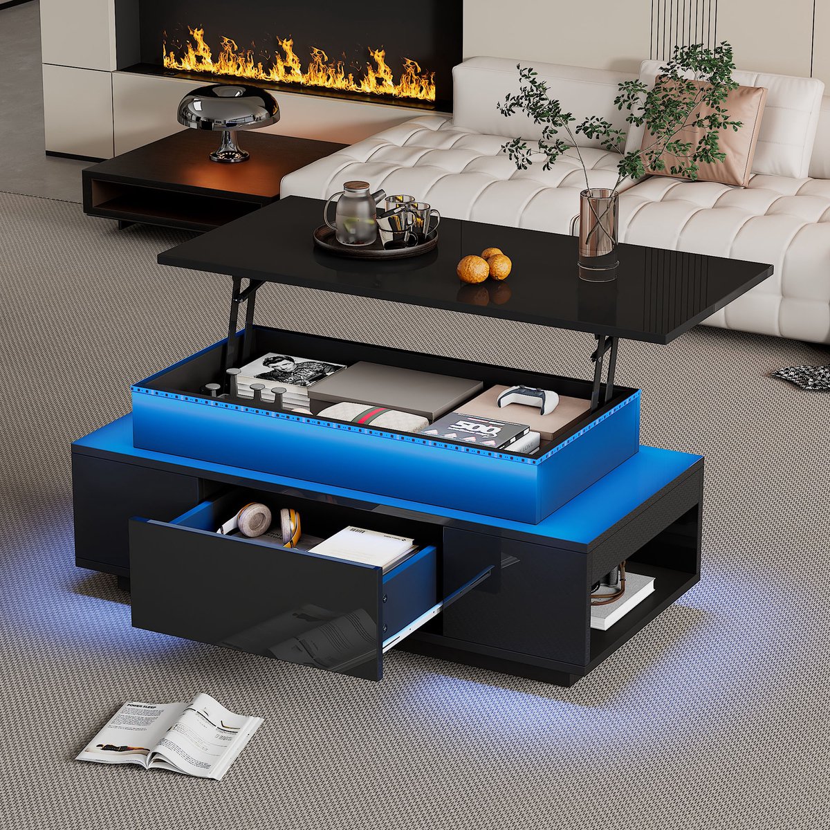 PHOEBE CAT Salontafel - Verstelbaar tafelblad - Met lade - Hoogglans - LED-verlichting - Zwart