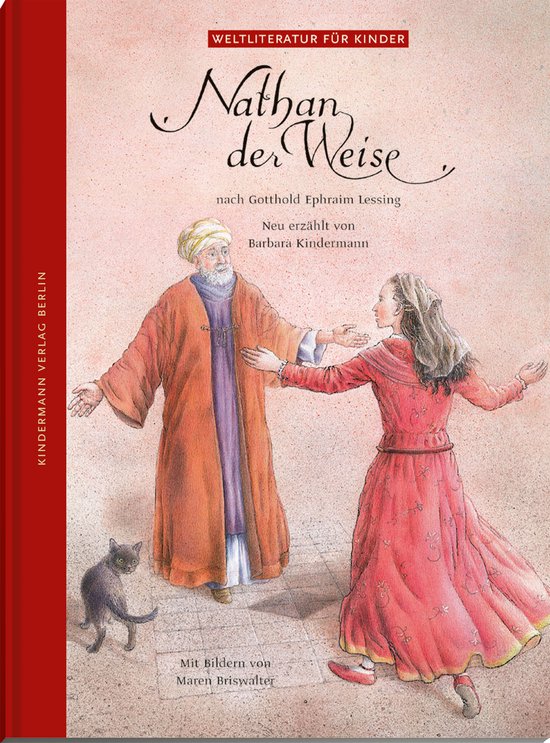 Boek 'Nathan der Weise'. Een man met tulband en een vrouw in rode jurk, met een kat.