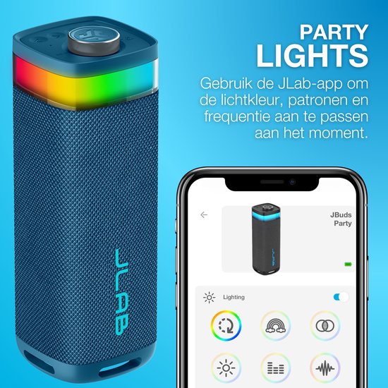 JLab Jbuds Bluetooth Speaker Draadloos - Draagbare Muziekbox - 12 uur Batterijduur - 30 Watt - Bass Boost - IPX6 Waterproof - Multipairing - Instelbare Party Lights - App Equalizer - Blauw