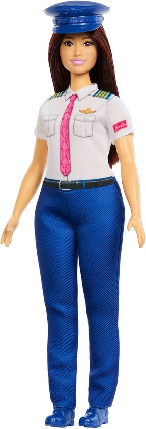 Barbie-pilotenpop met witte blouse, blauwe broek, roze stropdas en blauwe pet.