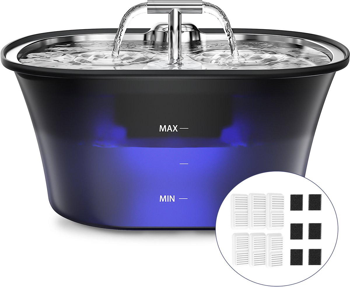 Balimo Max Drinkfontein Kat - RVS - 2.5 L - Waterfontein voor Katten en Honden - Incl. 6 Filters en cleaning tool - Fluisterstil - Met LED Kattenfontein - Waterdispenser - Zwart
