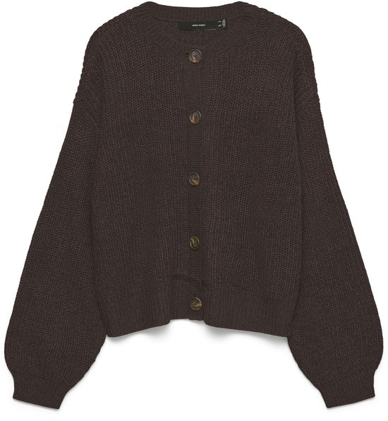 Bruine gebreide VERO MODA cardigan met knopen en pofmouwen.