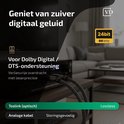 Optische kabel aangesloten op receiver, met audio-output aanduidingen.