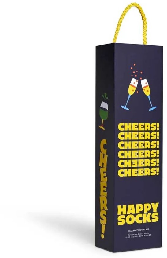 Donkerblauwe geschenkdoos met opdruk van champagneglazen en de tekst 'Cheers!' en 'Happy Socks'.