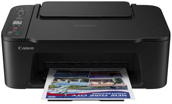 Zwarte Canon Pixma printer, met papier in de uitvoerlade, gezien vanaf de voorkant.
