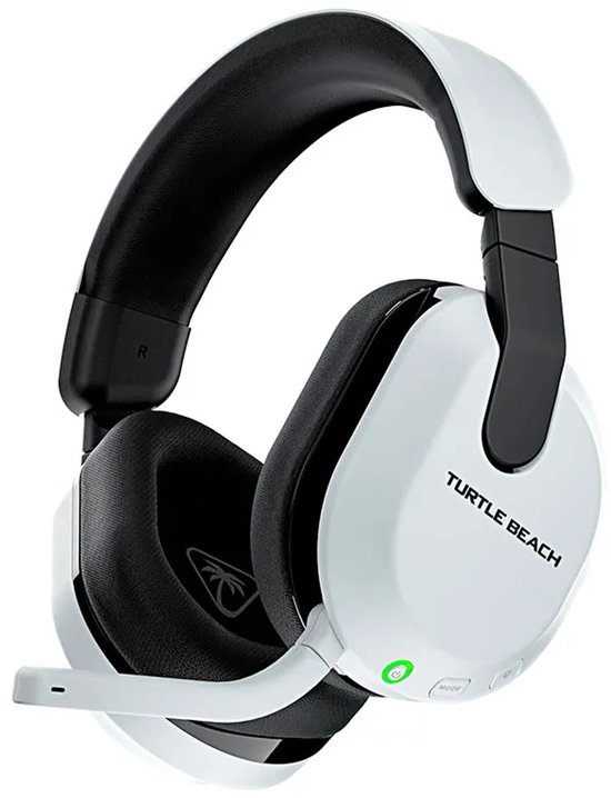 Witte Turtle Beach Stealth 600 gaming headset met zwarte accenten, microfoonarm en op de oorschelp staat 'Turtle Beach'.