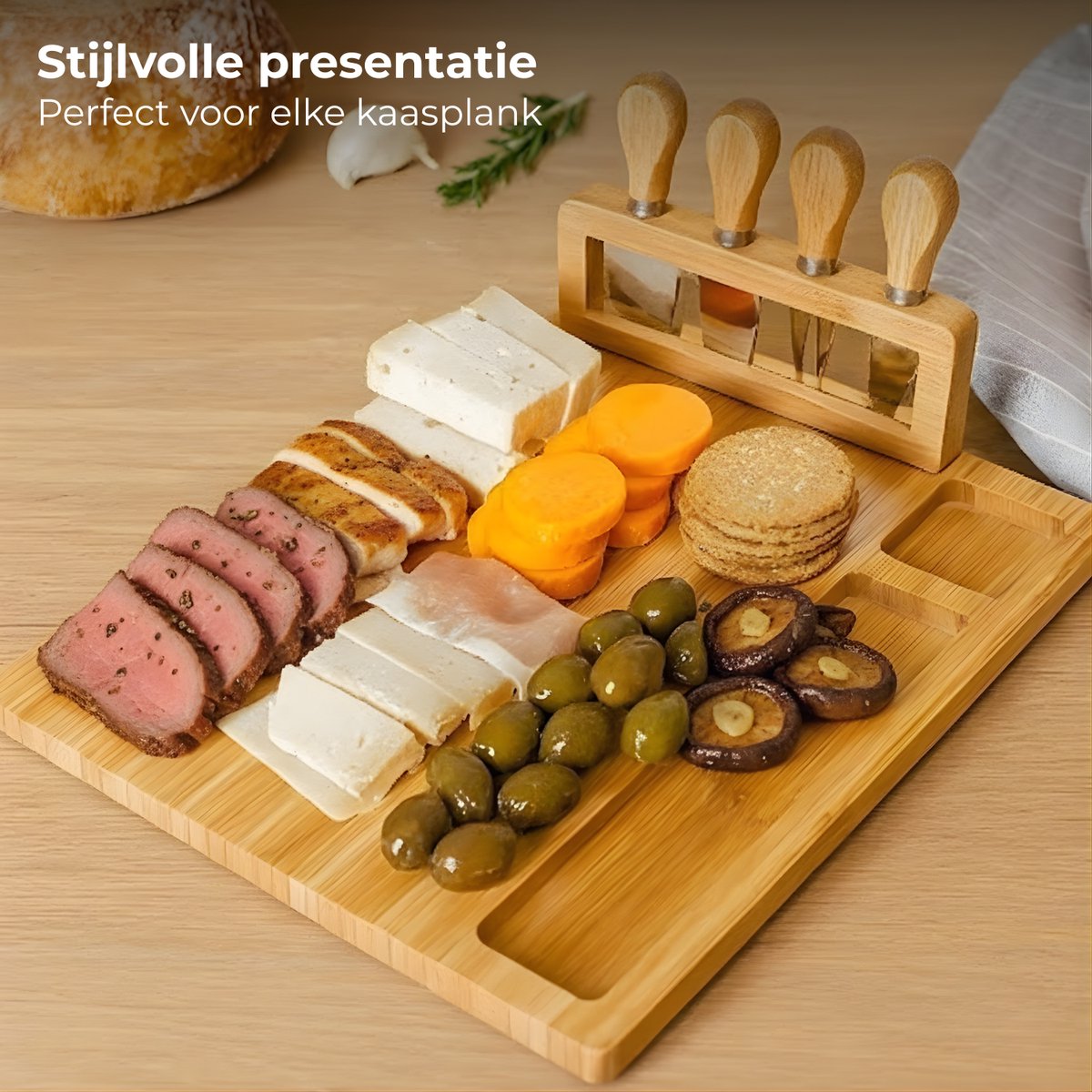 Lomera Bamboe Borrelplank - Kaasplank Met Mesjes - Extra Grote Kaasplank - Bamboe Materiaal - Grote Serveerplank - Borrelplank Voor Kaas - Kaasplank Set - Duurzame Bamboe - Borrelplank Cadeau - Kaasplank Voor Feestjes — cadeau in Kookcadeaus - foto 3