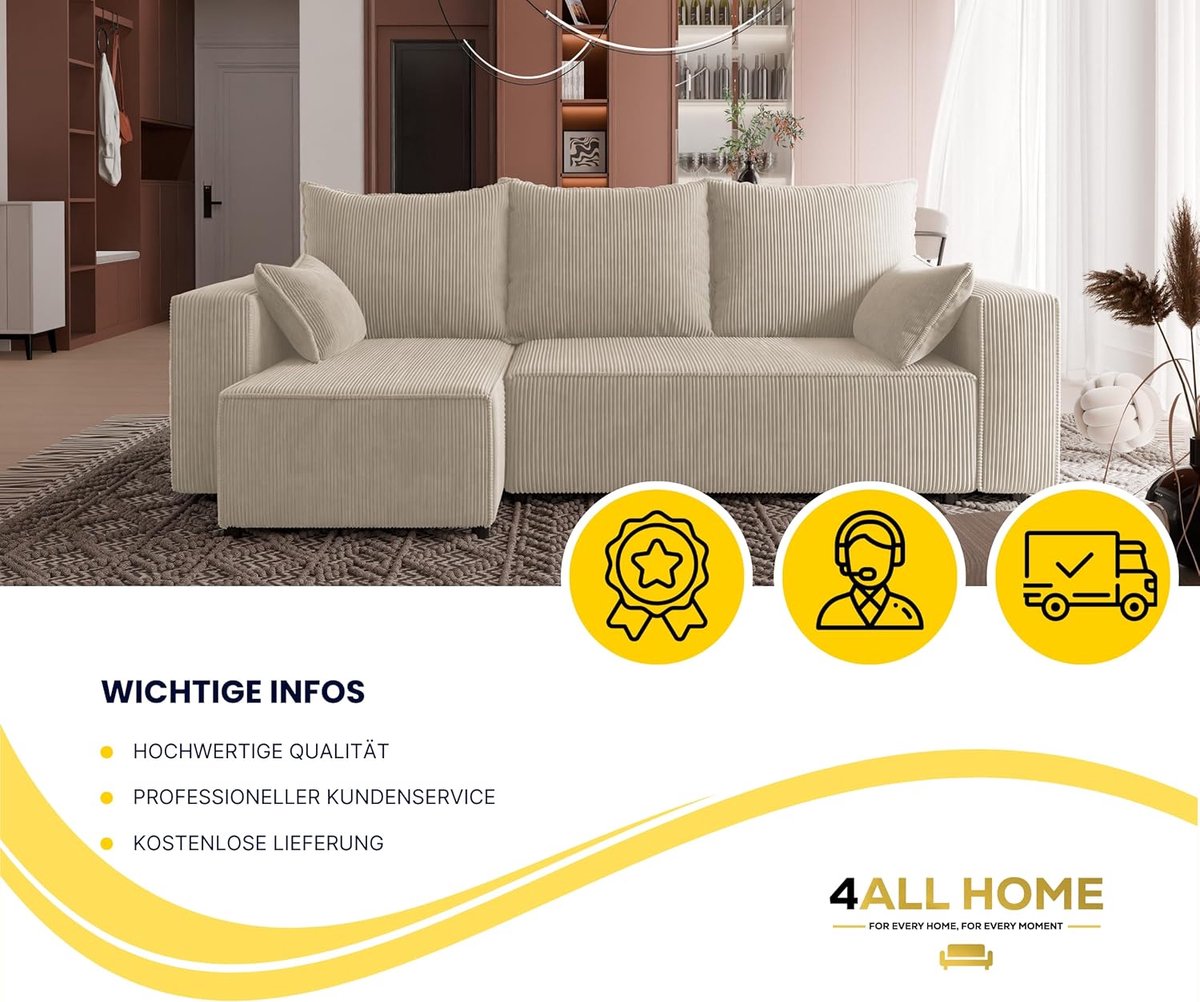 Hoekbank met Slaapfunctie en Bedlade - L-vorm Slaapbank 3-Zits met Opbergruimte - Comfortabele Sofa 246x145 cm in Beige Corduroy - Luxe Multifunctionele Hoekbank voor Woonkamer - Novihome Tobi