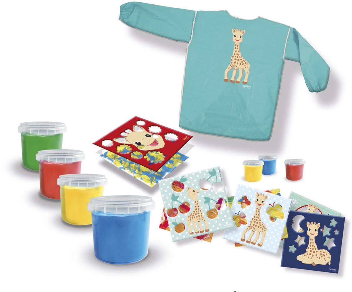 SES Creative - Sophie la Girafe - Vingerverf Set met Kliederschort - 4 kleuren vingerverf - inclusief verfschort, papier en overlegvellen - glutenvrij - makkelijk uitwasbaar - vingerverf vanaf 1 jaar — afbeelding 3