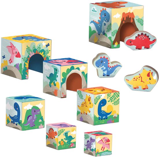 SES - Tiny Talents - Stapelblokken toren met dinosaurus figuren - Montessori - 7 stapelblokken met 3 speel dino's - mooi geïllustreerd - Speelgoed 1 jaar van SES — afbeelding 5