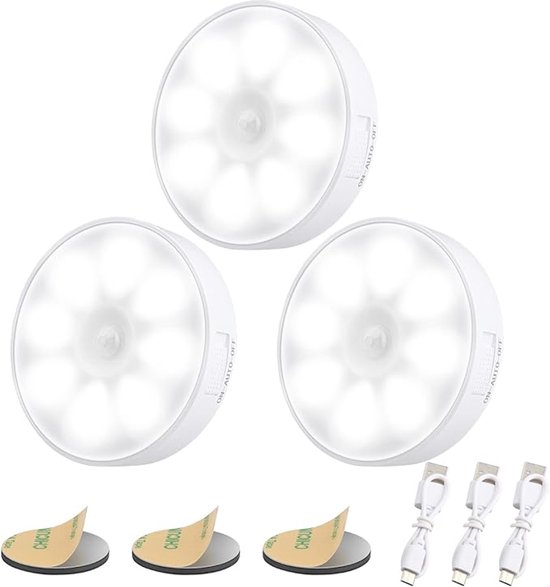Bewegingssensor Licht Binnen [8 LED's], Oplaadbaar 3 Stuk Nachtlampje, 3M/120° Detectiebereik, 3 Modi, Kastverlichting voor Kast, Slaapkamer, Trap, Hal Verlichting - 6000K Koud Wit van Merkloos — afbeelding 3