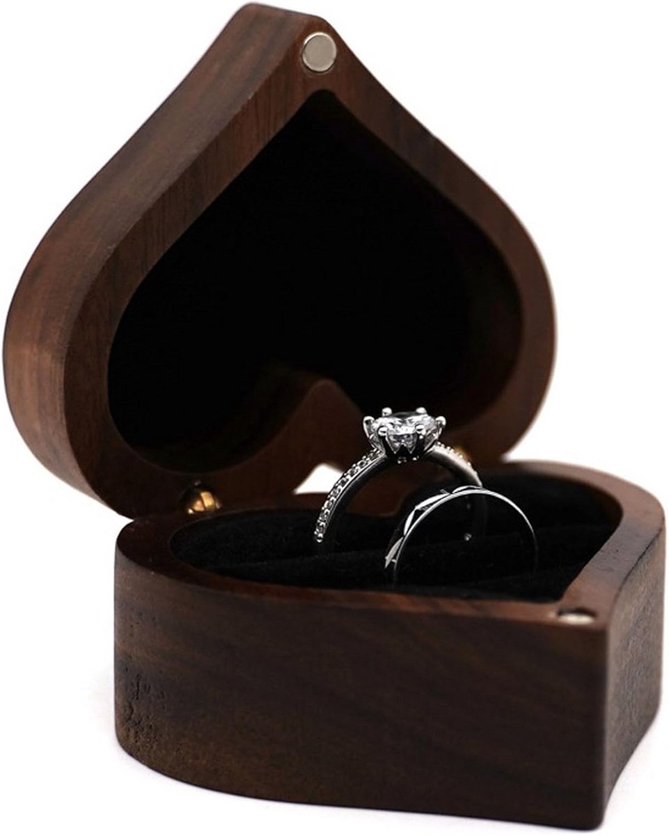 Houten Hartvormige Ringendoos met Fluweel - Dubbele Sleuf voor Verlovingsringen