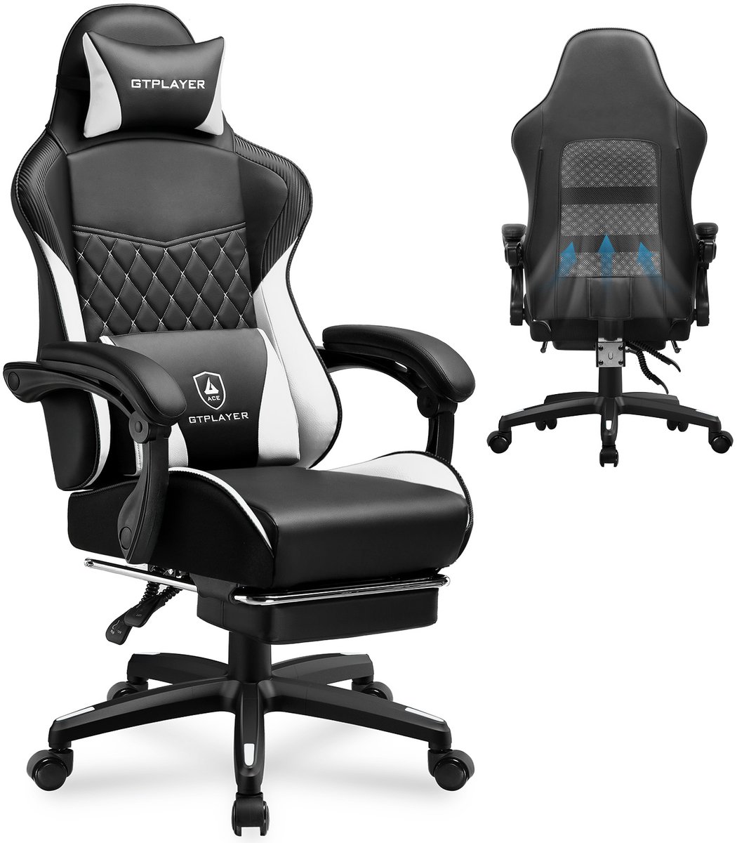 GTPLAYER - Gamingstoel Hoge Rugleuning - Met Voetsteun en Afneembare Hoes - Wit