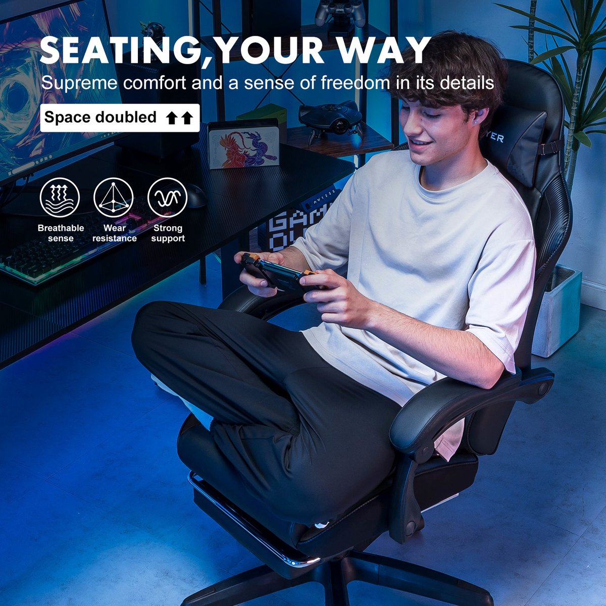 GTPLAYER Gamingstoel Hoge Rugleuning met Voetsteun - Zwart - afbeelding 3